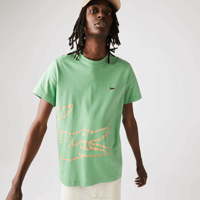 ttf verde VVL0A904 hombres Lacoste camiseta de algodón orgánico con estampado de cocodrilo y cuello redondo