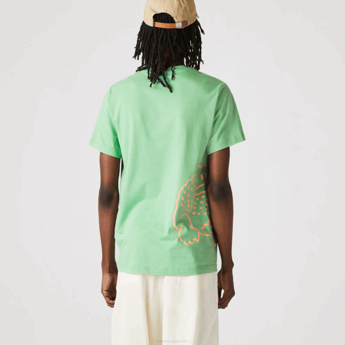 ttf verde VVL0A904 hombres Lacoste camiseta de algodón orgánico con estampado de cocodrilo y cuello redondo