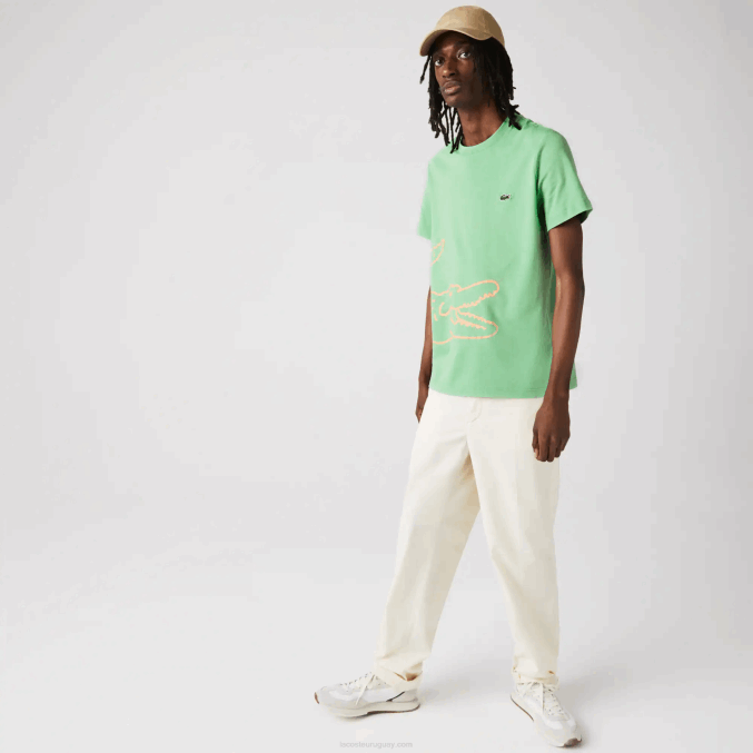 ttf verde VVL0A904 hombres Lacoste camiseta de algodón orgánico con estampado de cocodrilo y cuello redondo