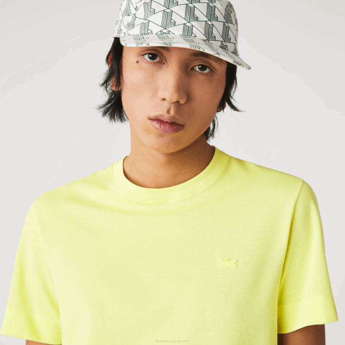tuk amarillo llamativo VVL0A641 hombres Lacoste camiseta de mezcla de piqué de algodón orgánico con cuello redondo