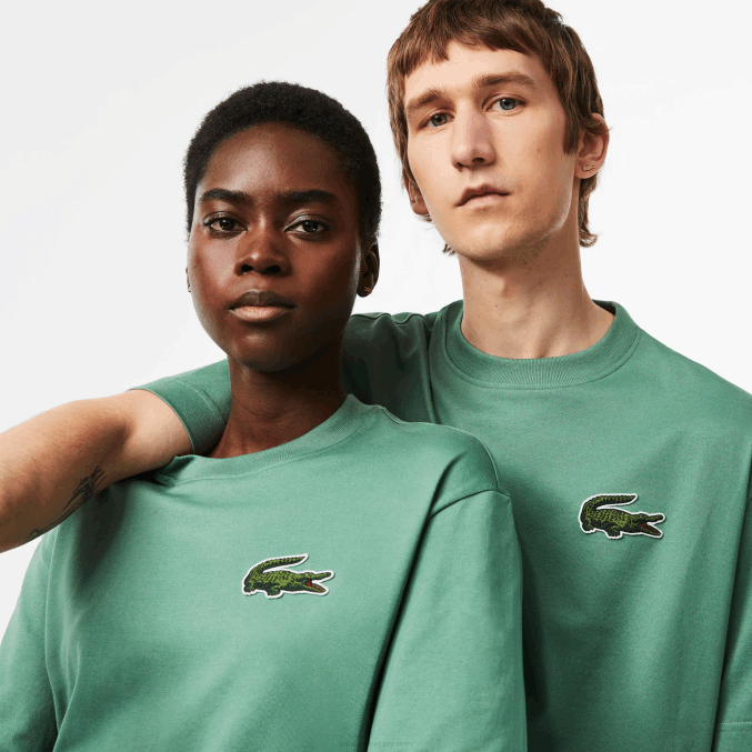 verde caqui kx5 VVL0A125 hombres Lacoste camiseta holgada de algodón orgánico con cocodrilo grande