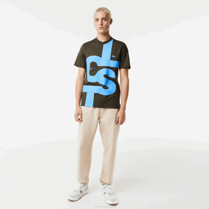verde caqui s7t VVL0A567 hombres Lacoste camiseta regular fit de algodón con letras en contraste