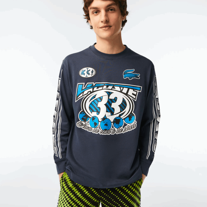 xie azul VVL0A148 hombres Lacoste camiseta holgada de manga larga estampada