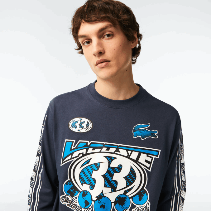 xie azul VVL0A148 hombres Lacoste camiseta holgada de manga larga estampada