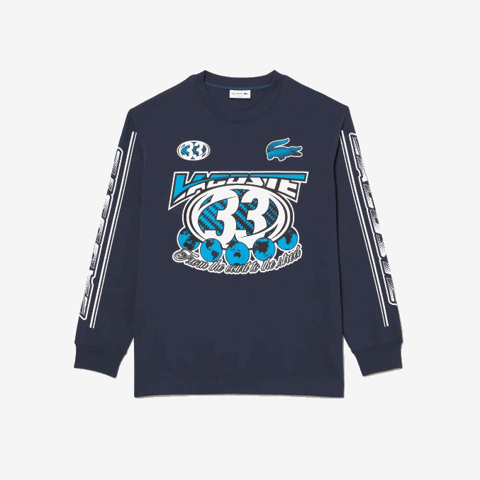 xie azul VVL0A148 hombres Lacoste camiseta holgada de manga larga estampada