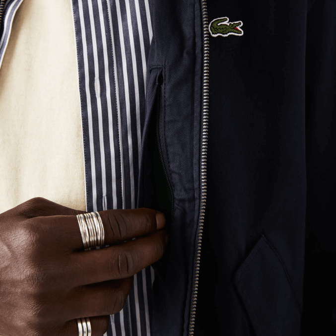 azul marino 166 VVL0A407 hombres Lacoste chaqueta corta de gabardina de algodón orgánico con cremallera