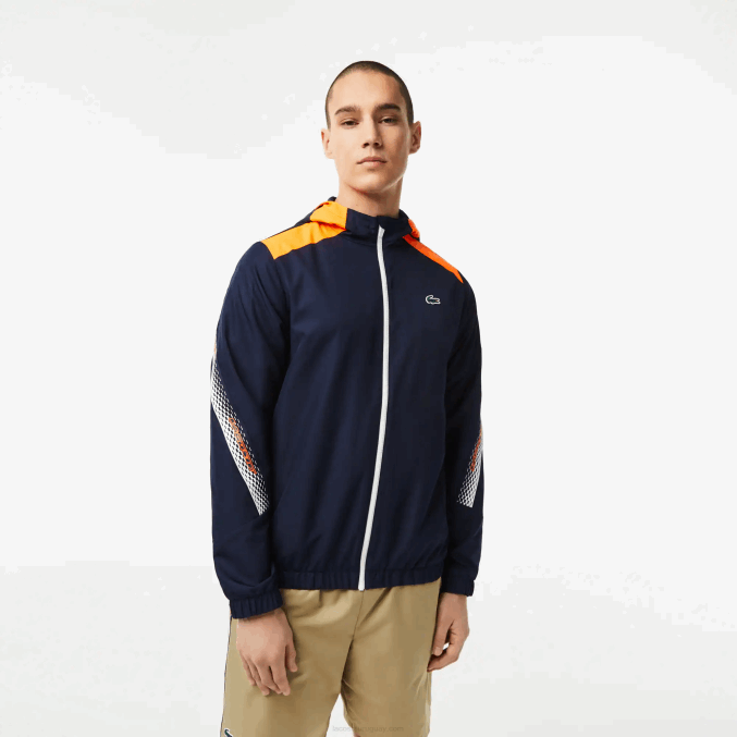 azul marino naranja blanco ag4 VVL0A379 hombres Lacoste chamarra de tenis con capucha de poliéster reciclado
