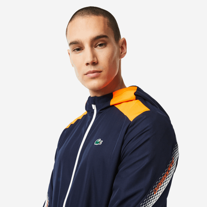 azul marino naranja blanco ag4 VVL0A379 hombres Lacoste chamarra de tenis con capucha de poliéster reciclado