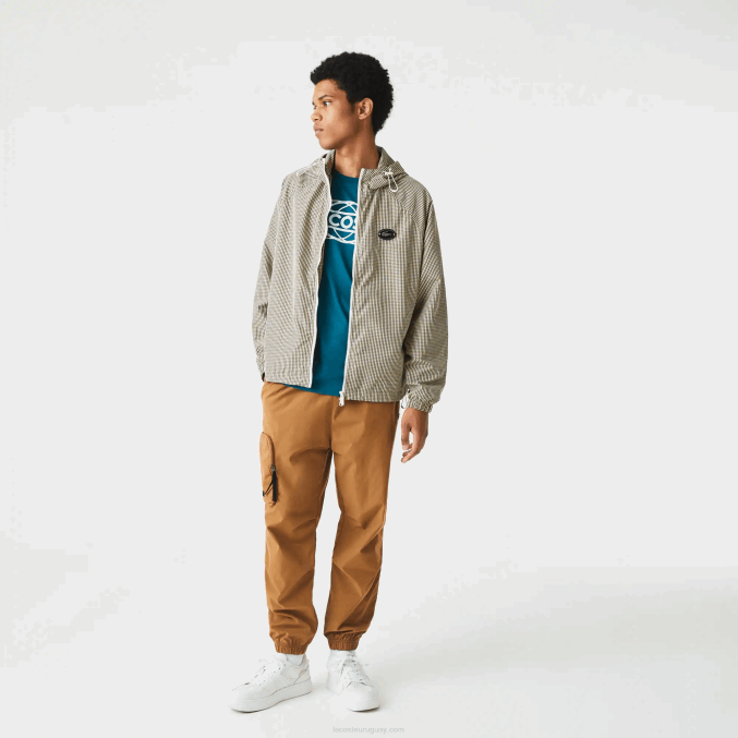 beige marino blanco caqui verde 87e VVL0A1232 hombres Lacoste chamarra de sarga a cuadros con capucha