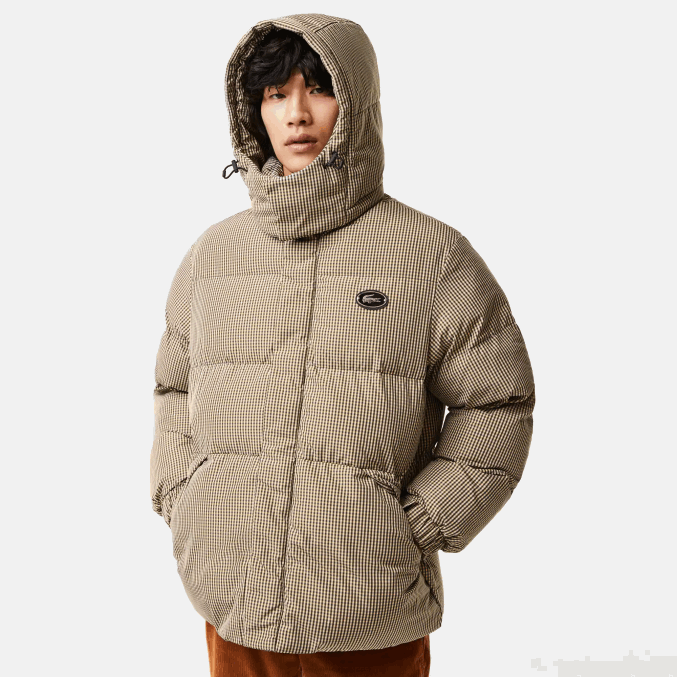 beige marino caqui verde 87e VVL0A399 hombres Lacoste chaqueta acolchada de sarga repelente al agua con estampado de cuadros