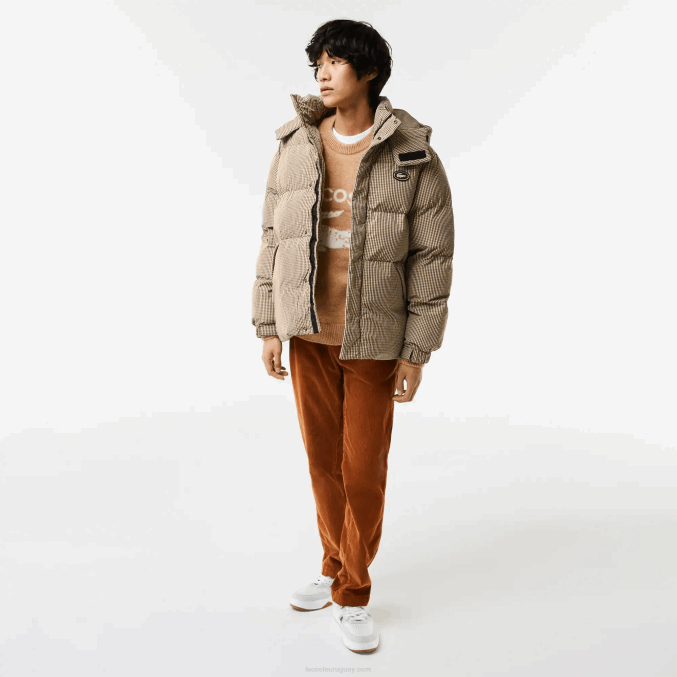 beige marino caqui verde 87e VVL0A399 hombres Lacoste chaqueta acolchada de sarga repelente al agua con estampado de cuadros