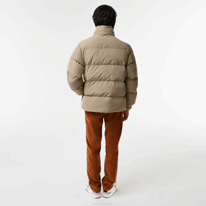 beige marino caqui verde 87e VVL0A399 hombres Lacoste chaqueta acolchada de sarga repelente al agua con estampado de cuadros