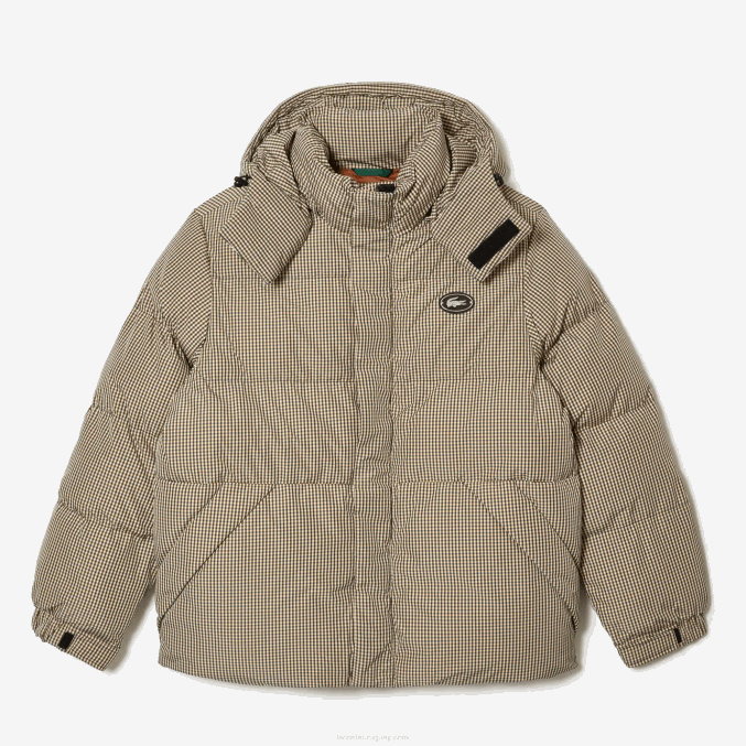 beige marino caqui verde 87e VVL0A399 hombres Lacoste chaqueta acolchada de sarga repelente al agua con estampado de cuadros