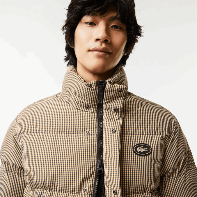 beige marino caqui verde 87e VVL0A399 hombres Lacoste chaqueta acolchada de sarga repelente al agua con estampado de cuadros