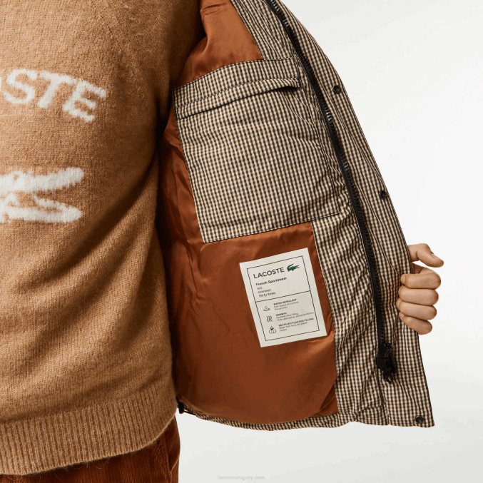 beige marino caqui verde 87e VVL0A399 hombres Lacoste chaqueta acolchada de sarga repelente al agua con estampado de cuadros