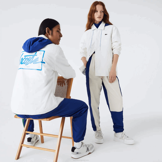 eme blanco azul VVL0A1316 hombres Lacoste chamarra con botones y capucha en contraste