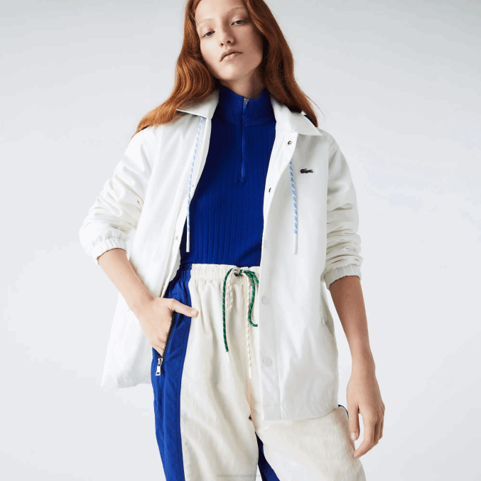 eme blanco azul VVL0A1316 hombres Lacoste chamarra con botones y capucha en contraste