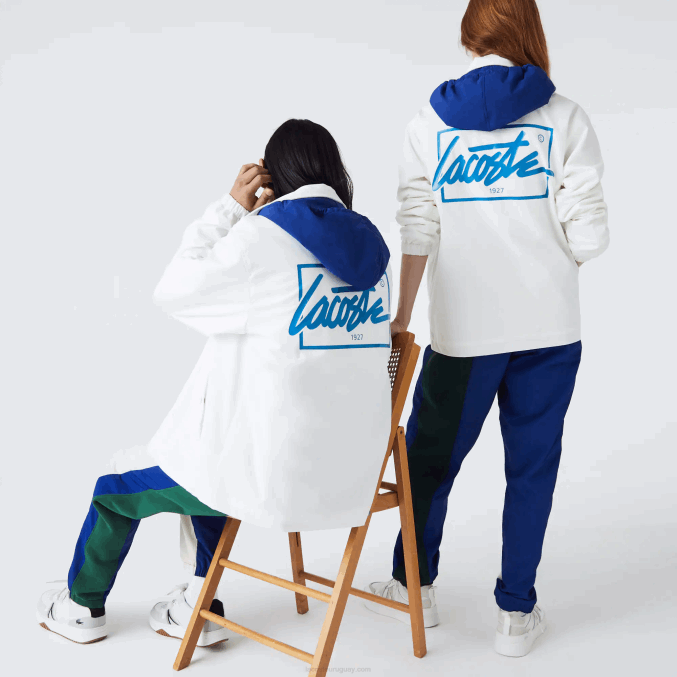 eme blanco azul VVL0A1316 hombres Lacoste chamarra con botones y capucha en contraste