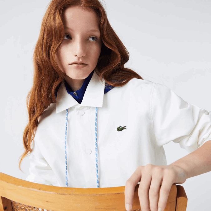 eme blanco azul VVL0A1316 hombres Lacoste chamarra con botones y capucha en contraste