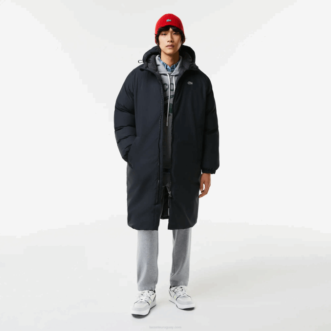 negro 031 VVL0A1294 hombres Lacoste chaqueta acolchada larga con inscripción de la marca