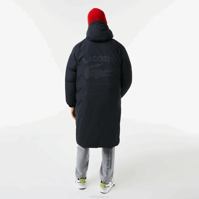 negro 031 VVL0A1294 hombres Lacoste chaqueta acolchada larga con inscripción de la marca