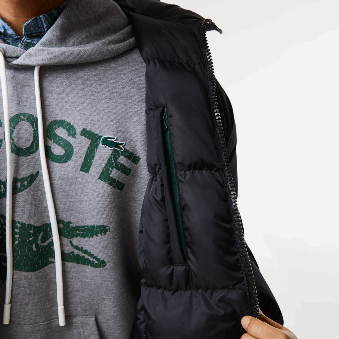 negro 031 VVL0A1294 hombres Lacoste chaqueta acolchada larga con inscripción de la marca