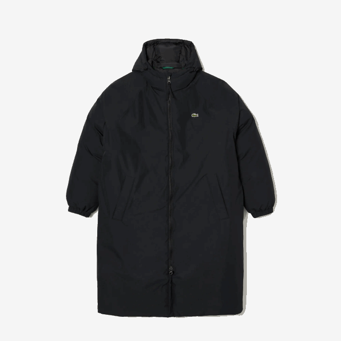 negro 031 VVL0A1294 hombres Lacoste chaqueta acolchada larga con inscripción de la marca