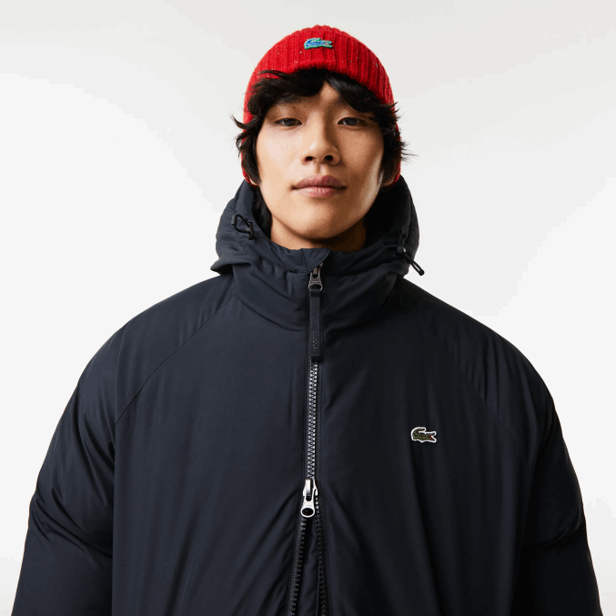 negro 031 VVL0A1294 hombres Lacoste chaqueta acolchada larga con inscripción de la marca