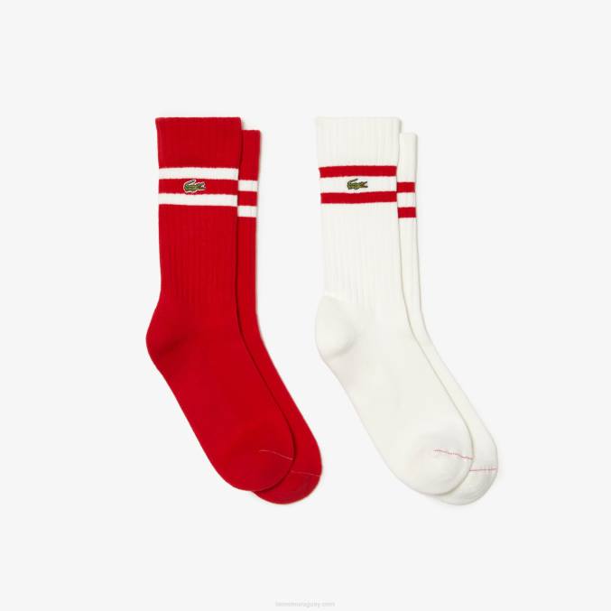 gru blanco rojo VVL0A514 hombres Lacoste calcetines de canalé con rayas en contraste
