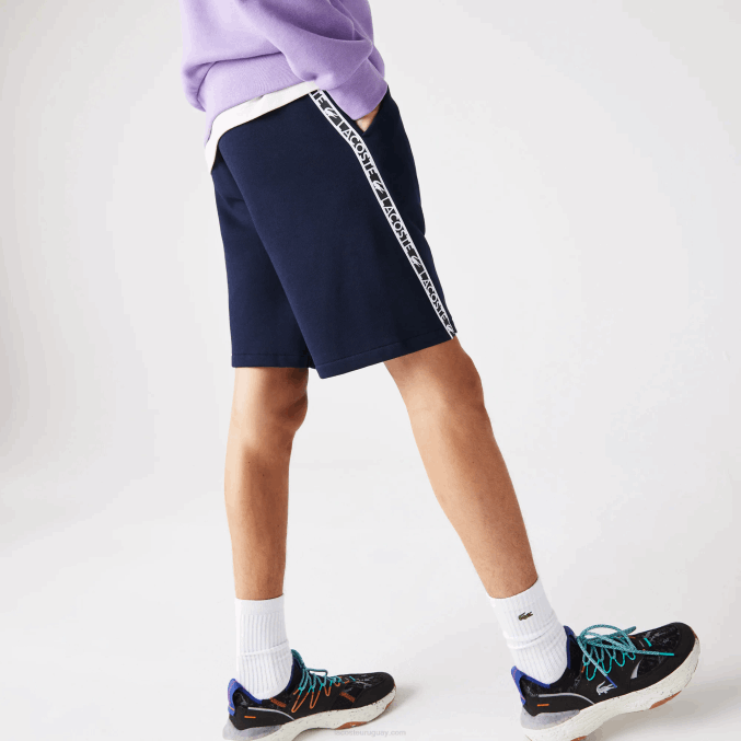 azul marino 166 VVL0A1496 hombres Lacoste shorts de felpa cepillada con bandas estampadas