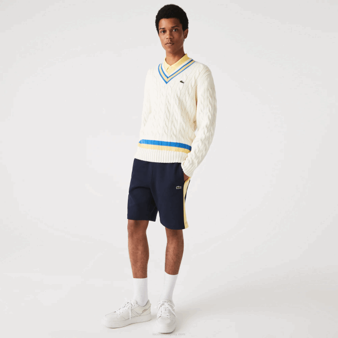 azul marino amarillo 144 VVL0A1516 hombres Lacoste shorts de felpa cepillada con bloques de color