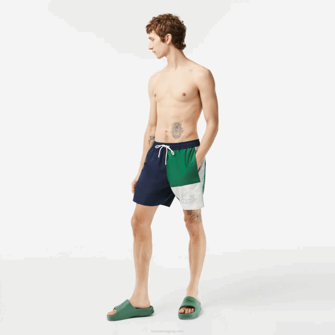 azul marino verde blanco ast VVL0A520 hombres Lacoste bañador de poliéster reciclado colorblock