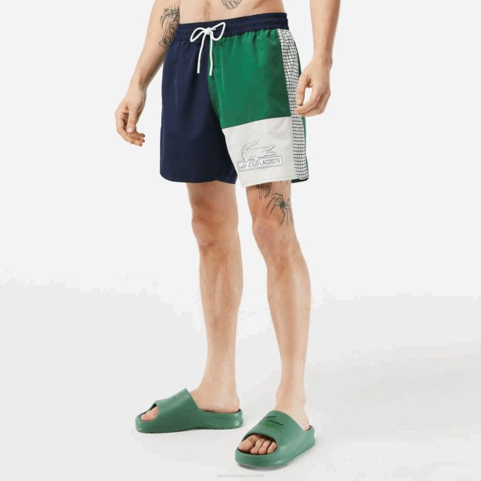 azul marino verde blanco ast VVL0A520 hombres Lacoste bañador de poliéster reciclado colorblock