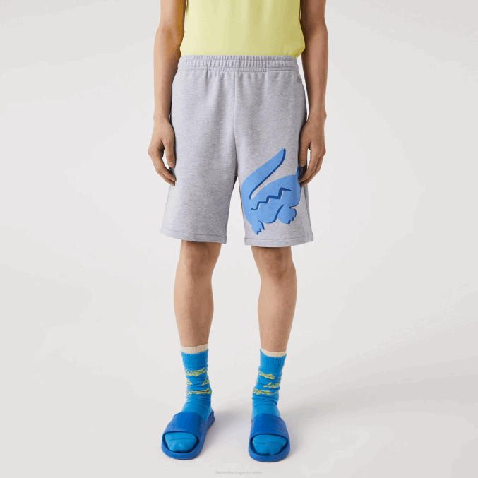 lomo gris cca VVL0A1418 hombres Lacoste shorts extragrandes de felpa de algodón orgánico con estampado de cocodrilo