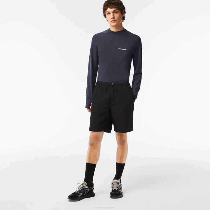 negro 031 VVL0A1443 hombres Lacoste Shorts deportivos de tenis con tejido de diamante sólido