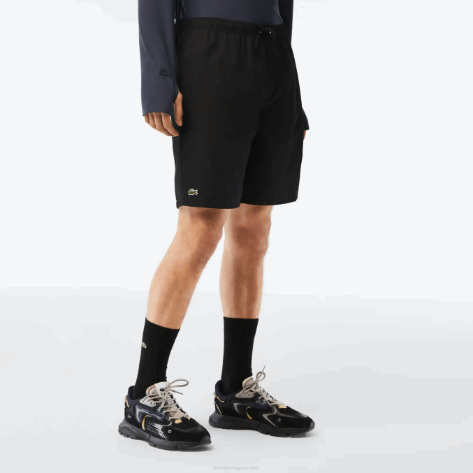 negro 031 VVL0A1443 hombres Lacoste Shorts deportivos de tenis con tejido de diamante sólido
