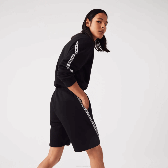 negro 031 VVL0A1497 hombres Lacoste shorts de felpa cepillada con bandas estampadas