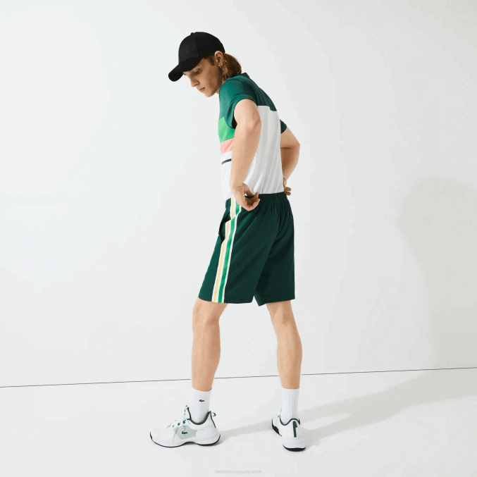 verde amarillo blanco 117 VVL0A1362 hombres Lacoste shorts deportivos ligeros con bandas en contraste