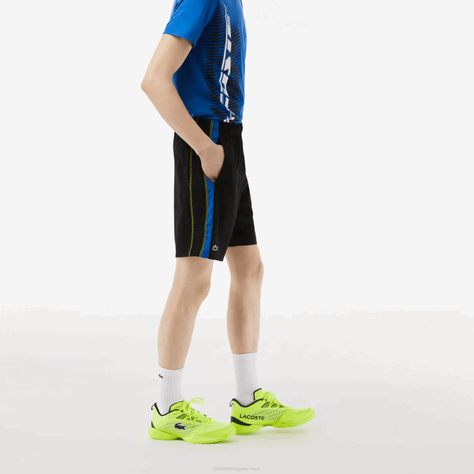 xis negro azul amarillo VVL0A425 hombres Lacoste pantalones cortos de tenis de poliéster reciclado