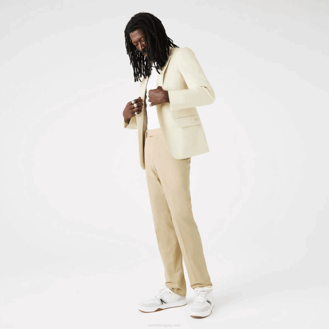 beige 68s VVL0A1642 hombres Lacoste pantalones plisados ​​de mezcla de algodón y lino
