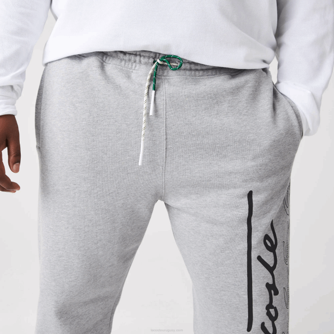 lomo gris 4jv VVL0A1065 hombres Lacoste pantalones de chándal de felpa de algodón con estampado de cocodrilo y firma