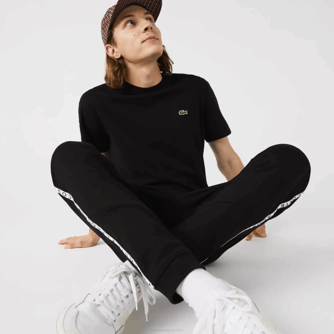 negro 8vm VVL0A1147 hombres Lacoste pantalones de chándal de vellón con bloques de colores a rayas de la firma