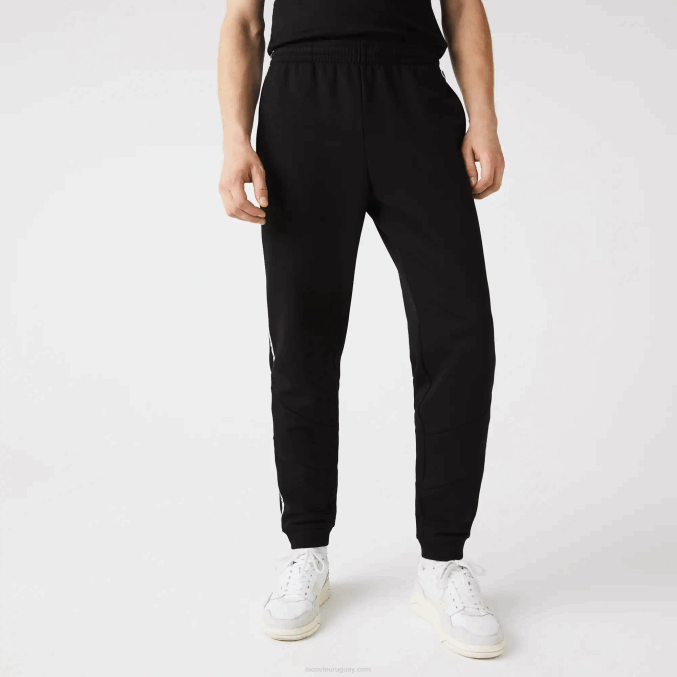 negro 8vm VVL0A1147 hombres Lacoste pantalones de chándal de vellón con bloques de colores a rayas de la firma