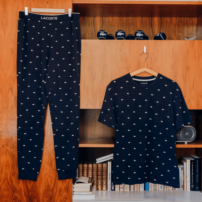 azul marino blanco 525 VVL0A1385 hombres Lacoste pantalones de pijama de punto estampados