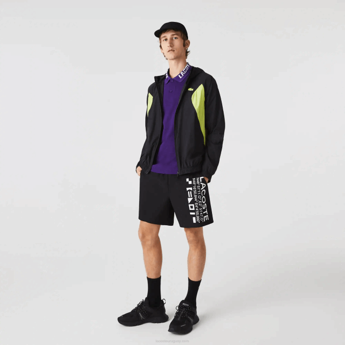 negro amarillo 60r VVL0A1254 hombres Lacoste rompevientos deportivo plegable