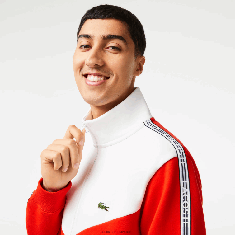 Lacoste hombres sudadera de corte clásico con cremallera y bloques de color VVL0A19 rojo blanco 75s