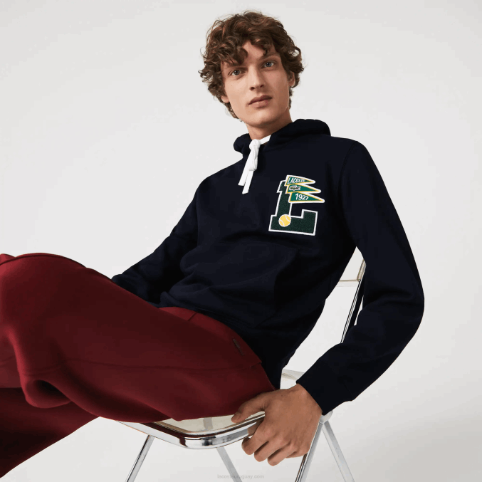 azul marino 166 VVL0A1100 hombres Lacoste banderines l sudadera polar de algodón con capucha