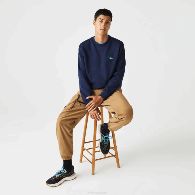azul marino 7cg VVL0A965 hombres Lacoste sudadera de corte clásico con estampado moteado
