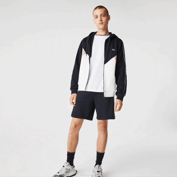 azul marino blanco beige e8t VVL0A997 hombres Lacoste sudadera con capucha, cremallera y letras color block