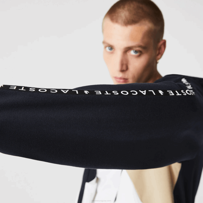 azul marino blanco beige e8t VVL0A997 hombres Lacoste sudadera con capucha, cremallera y letras color block